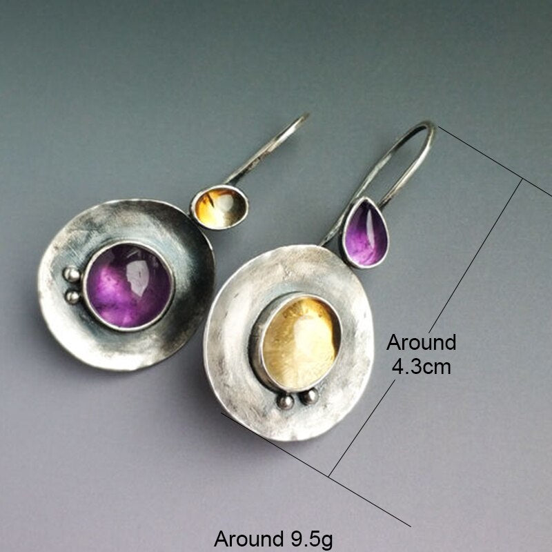 Trendy Round Purple Orange Moonstone Earrings Asymmetric Jewelry Teardrop Stone Hook Earrings for Women Girl Pendientes