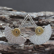 Load image into Gallery viewer, Tribal Golden Spiral Half Circle Drop Earrings Gypsy Jewelry Two Tone Metal Silver Color Tree Bark Fan Shaped Earrings