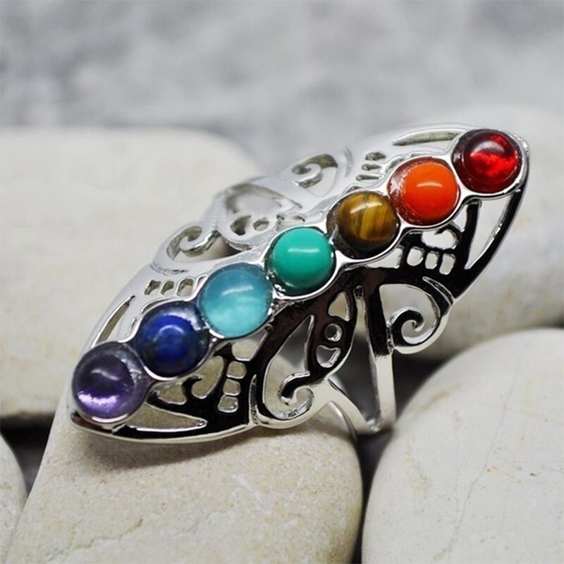 new 7 Chakra Bead Ring Vintage Hollow Silver Plated Yoga Tiger Eye Stone Adjustable ring Vintage Famous Clan jewelry gift кольца