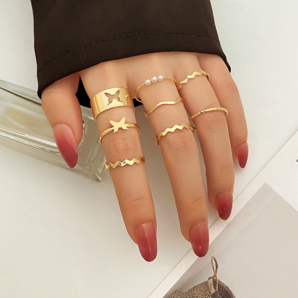 IFMIA Fashion Metal Gold Color Butterfly Finger Rings Set for Women Girls Vintage Heart Hollow Rings Female 2022 Trend Jewelry