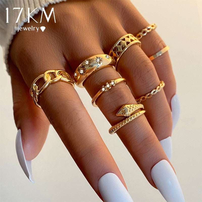 17KM Gold Color Rings Set Snake Hollow Rings for Women Vintage Crystal Fashion Rings Animal 2022 Trendy Jewelry Accessories New