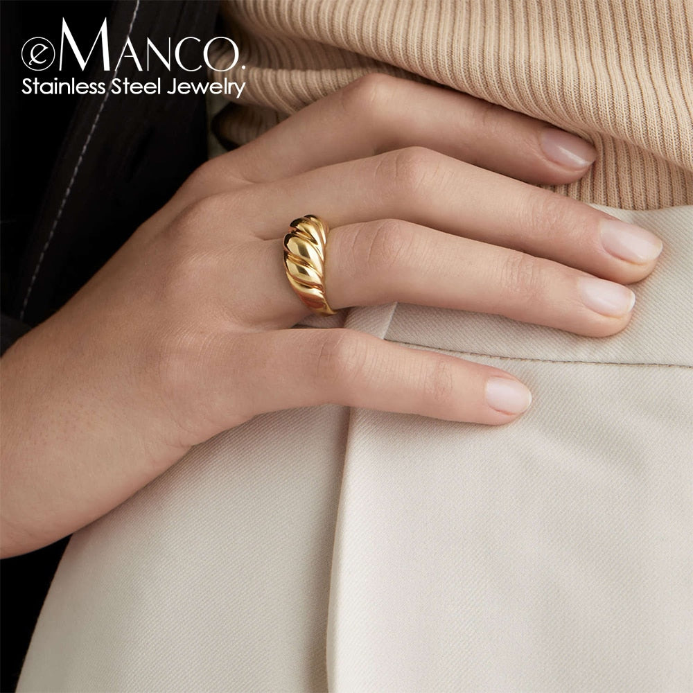 eManco Simple Fashion Style texture  Stainless Steel Rings Classic Gold Color Couple For Women And Men Wedding  Jewelry