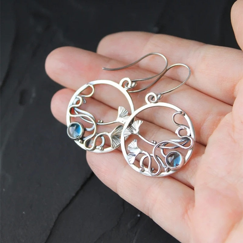 Vintage Trendy Round Silver Color Metal Flower Women's Earrings Metal Hollow Inlaid Blue Zircon Dangle Earrings Jewelry