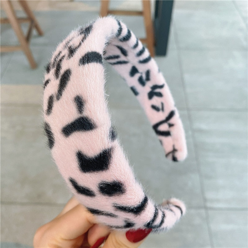 TwinkLei Winter Leopard Rabbit Faux Fur Hairbands Women Plush Soft Headwarp Girls Hair Hoop Hair Accessories Headband