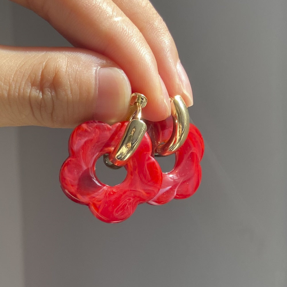 Multicolor Transparent Acrylic Resin Marbling Flower Drop Earrings for Women Gold Metal Round Hoop Earings Fashion Jewelry 2022