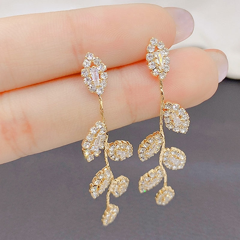 Luxury Rhinestone Crystal Leaves Tassel Earring For Women 14K Real Gold Plated Trending Bridal Dangling Earrings Wedding Jewelry