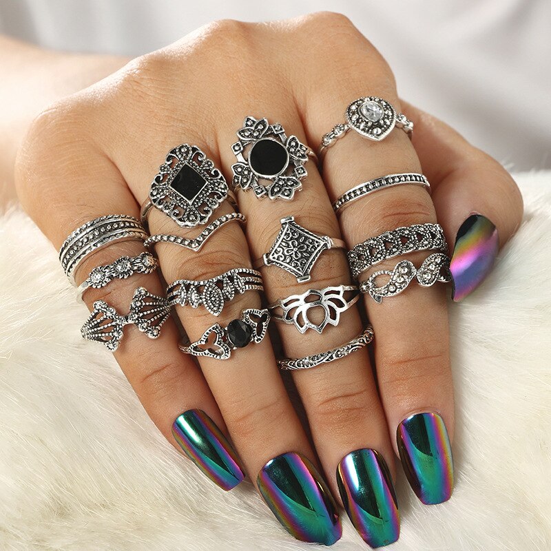 Prsztl 15 Piece Ring Set for Women Personalized Fashion Hollow Lotus Sunflower Geometric Black Gemstone Set Ring Jewelry