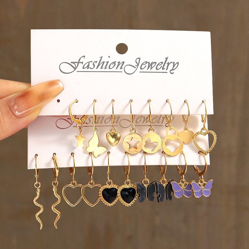 17KM 18Pcs/Set Gold Color Earrings Set Butterfly Cherry Heart Earrings for Women Snake Animals Crystal Shell Oil Drip Jewelry