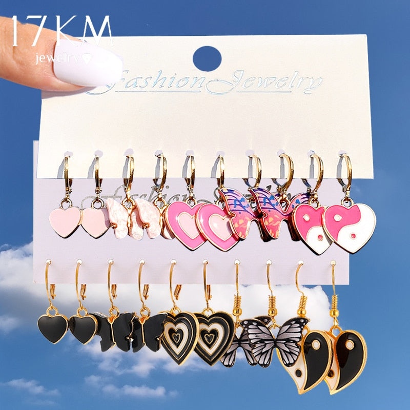 17KM Heart Pink Butterfly Black Earrings Set Cute Cartoon Stud Earrings for Women Black Dangle Earrings Fashion Trendy Jewelry