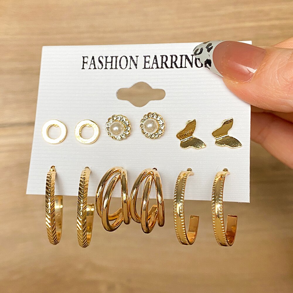 UMKA Vintage Retro Korean Geometric Stud Earrings Set Metal Pearl Drop Earrings For Women Simple Round Fashion Party Jewelry
