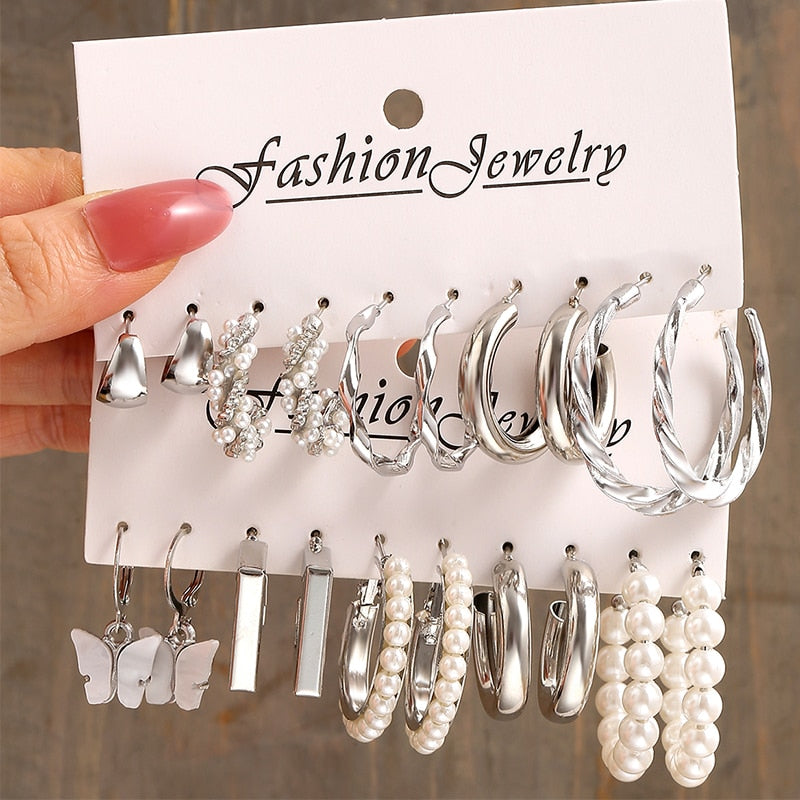 Silver Color Butterfly Earrings Set For Woman Girls Vintage Pearl Circle Geometric Twist Hoop Earrings 2022 Trendy Jewelry Gifts