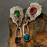 Creative Retro Design Colorful Zircon Dangle Earrings Women Ethnic Jewelry Antique Metal Red Green Blue Stone Earrings