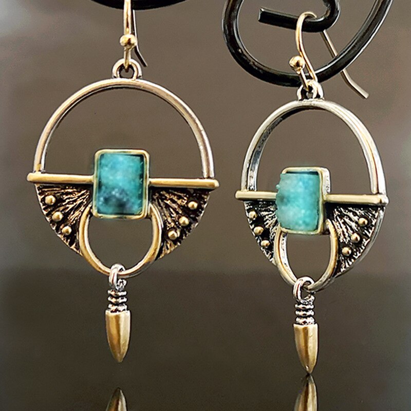 Creative Square Blue Green Stone Boho Earrings for Women Vintage Two Tone Round Hollow Geometry Dangle Earrings Jewelry