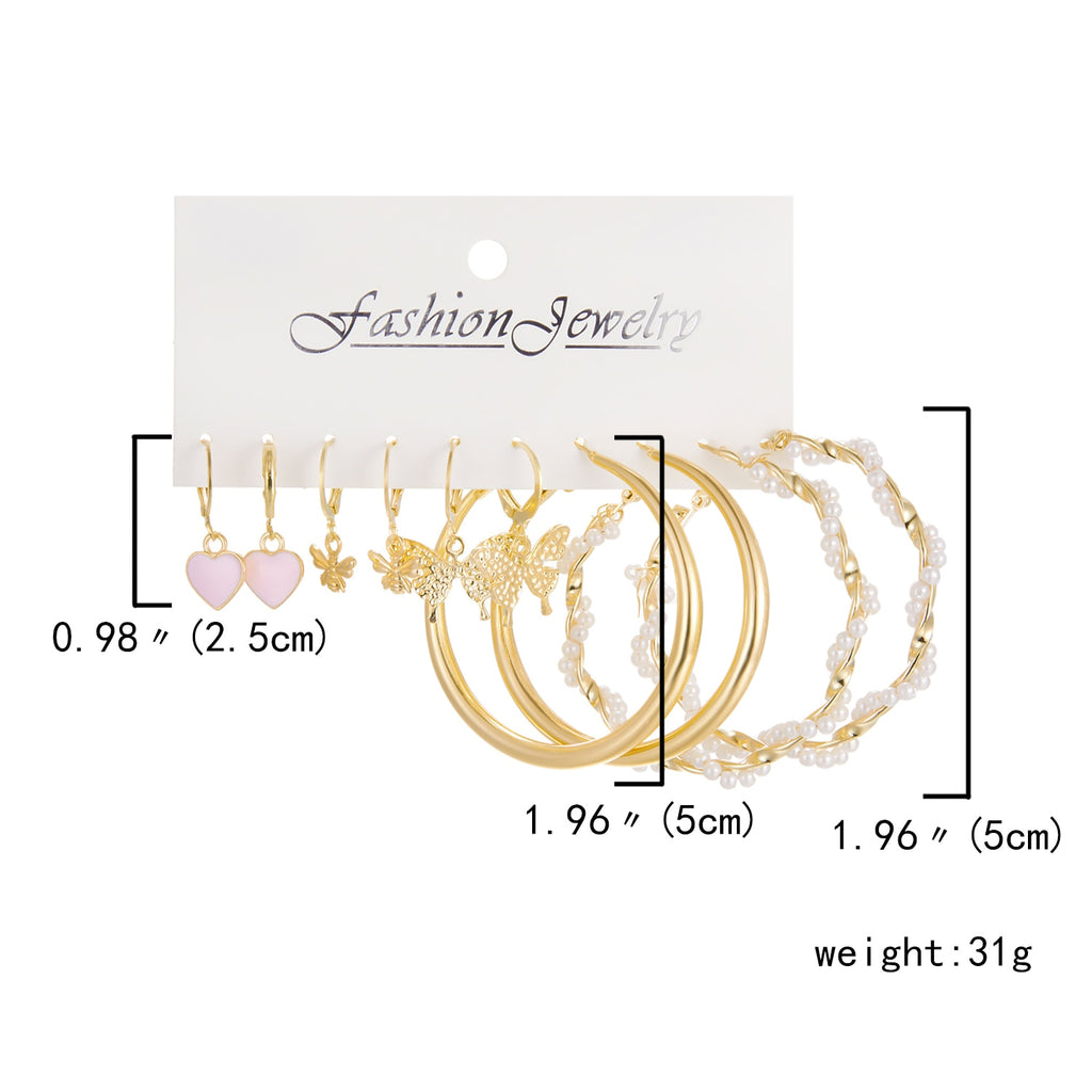 6 Pairs Heart Butterfly Drop Earrings Set Big Circle Piercings Earrings Jewelry for Women Girl Pearl Hoop Cute Ear Buckle