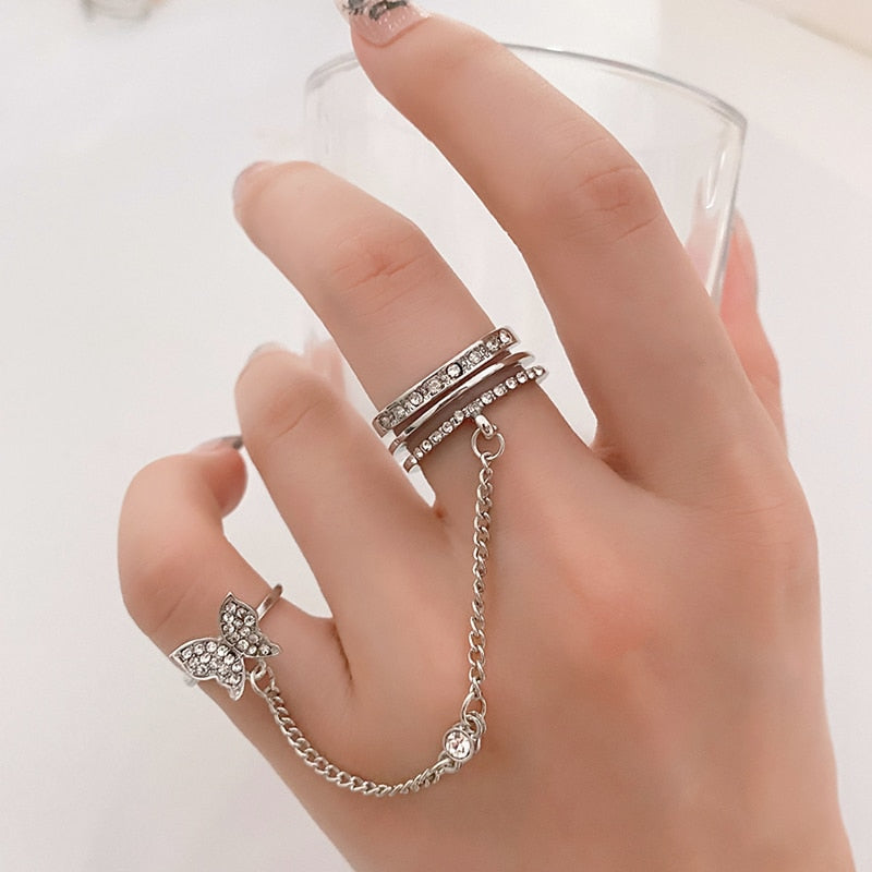 Vienkim Double Finger Chain Rings for Women Ring Set Tassel Butterfly Cross Punk Rings Jewelry Ladies Fashion HipHop Jewelry