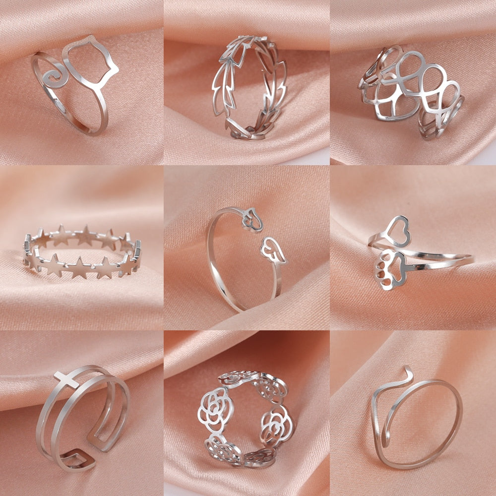 Teamer Stainless Steel Rings for Women Adjustable Ring Heart Cat Paw Flower Snake Star Wings Finger Jewelry Gift 2022 Wholesale