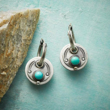 Load image into Gallery viewer, Vintage Round Blue Green Stone Earrings for Women Ethnic Ancient Silver Color Hand Carved Pattern Dangle Earrings Jewelry