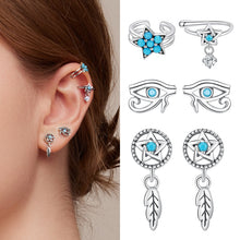 Load image into Gallery viewer, BAMOER Mono-Earring 925 Silver Clip DreamCatcher Hollow Evil Eye Turquoise Delicate Simple Hypoallergenic Ear Jewelry Gift