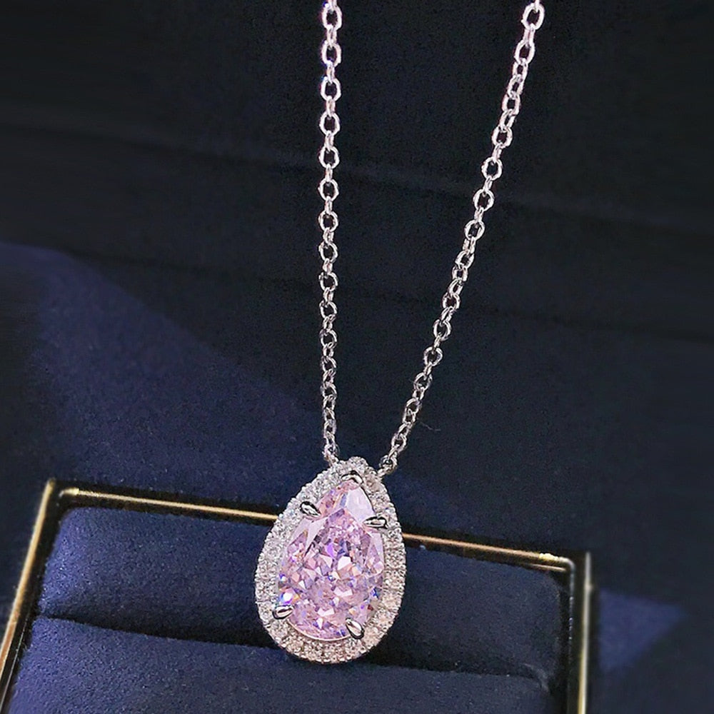 New Items With Pink Delicate Water Drop Pear Shape Copper Zircon Necklace Ladies Clavicle Chain For Christmas Party Gifts 2022