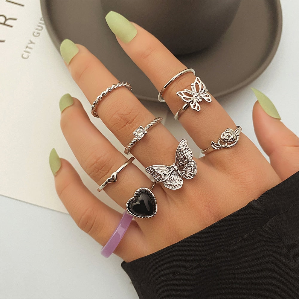 KISSWIFE Y2K Silver Color Rings Set For Women Girls Black Heart Butterfly Flower Rings Crystal Acrylic Finger Ring Trend Jewelry