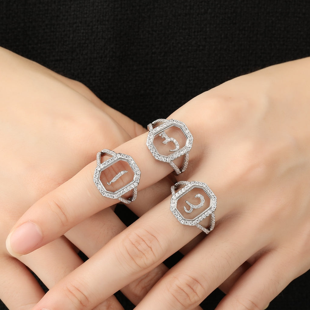2022 New Design Women&#39;s Fashion Ring Simple Zircon Arabic Letters Glass Square Design Ring Arabian Style Party Jewelry Accessory