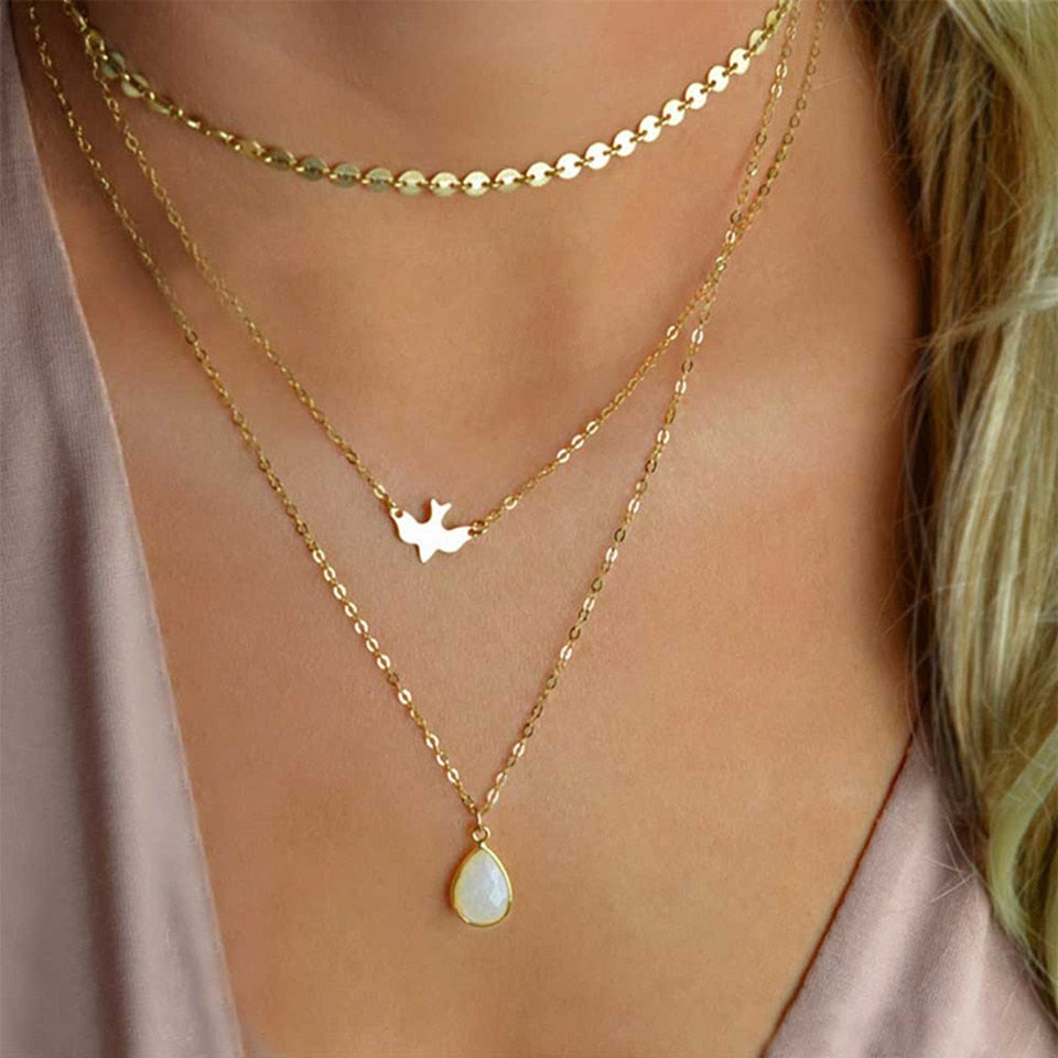 2022 New Peace Dove Soaring Fly Layer Crystal Sequin Chain Swallow Water Drop Opal Stone Pendant Simple Versatile Necklace