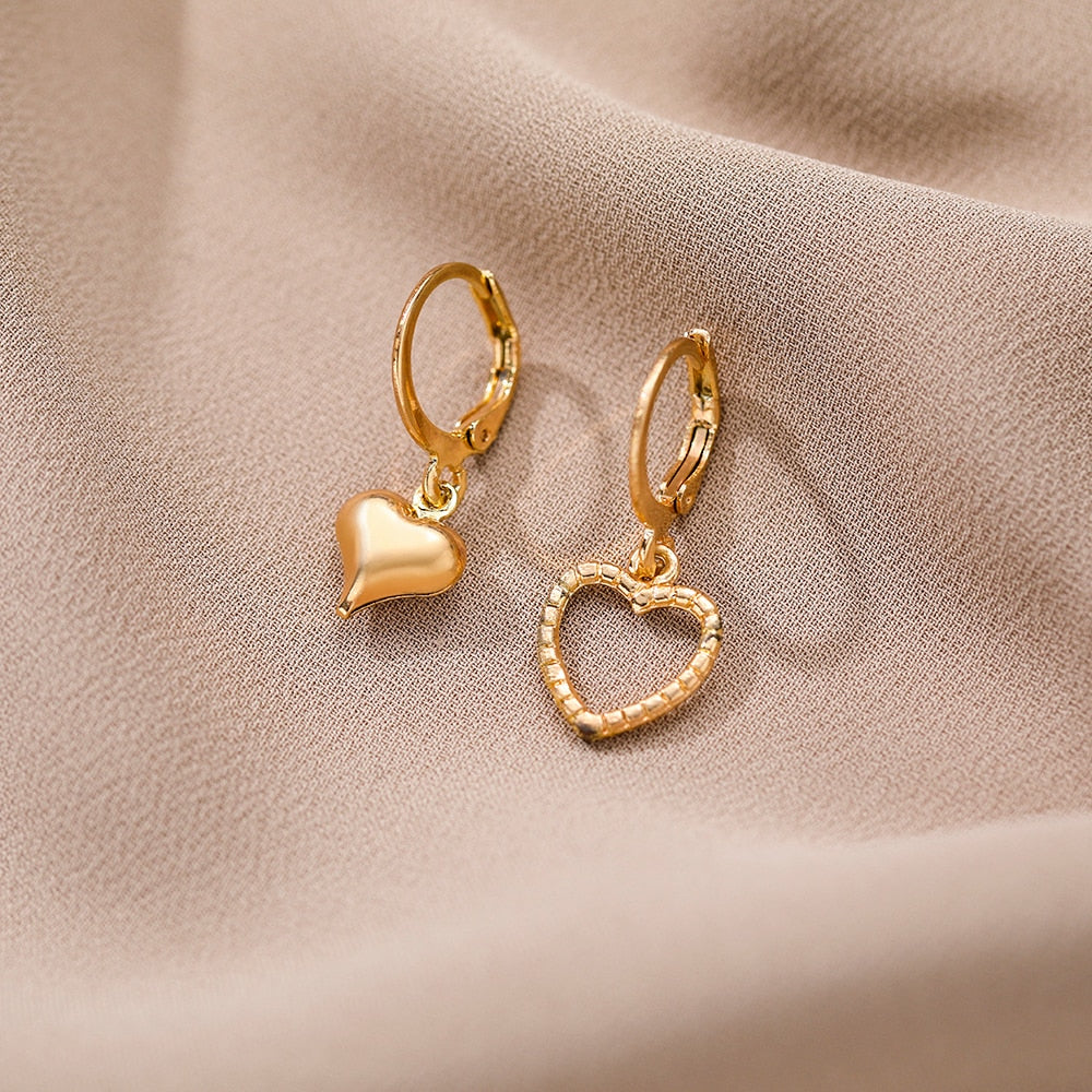 4PCS/SET Silver Color Metal Tassel Chain Love Heart Earring Irregular Geometric Cherry Hoop Earrings for Women Gifts Jewelry Set