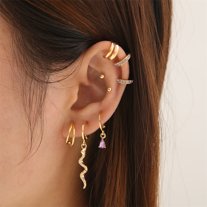 17KM Crystal Lightning Ear Cuff Set Classic Gold Color Earrings for Women Geometric Non-Piercing Dangle Earrings Trendy Jewelry