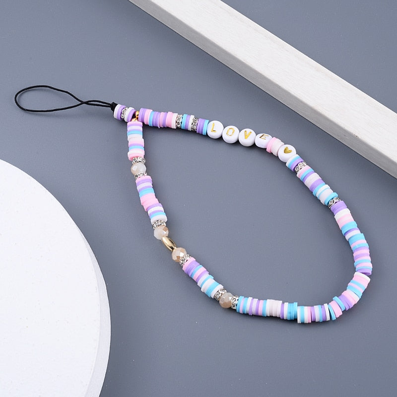 Women Anti-Lost Lanyard Chains 6mm Heishi Clay Beaded Phone Chain Mobile Phone Strap Charm Love Letter Telephone Jewelry