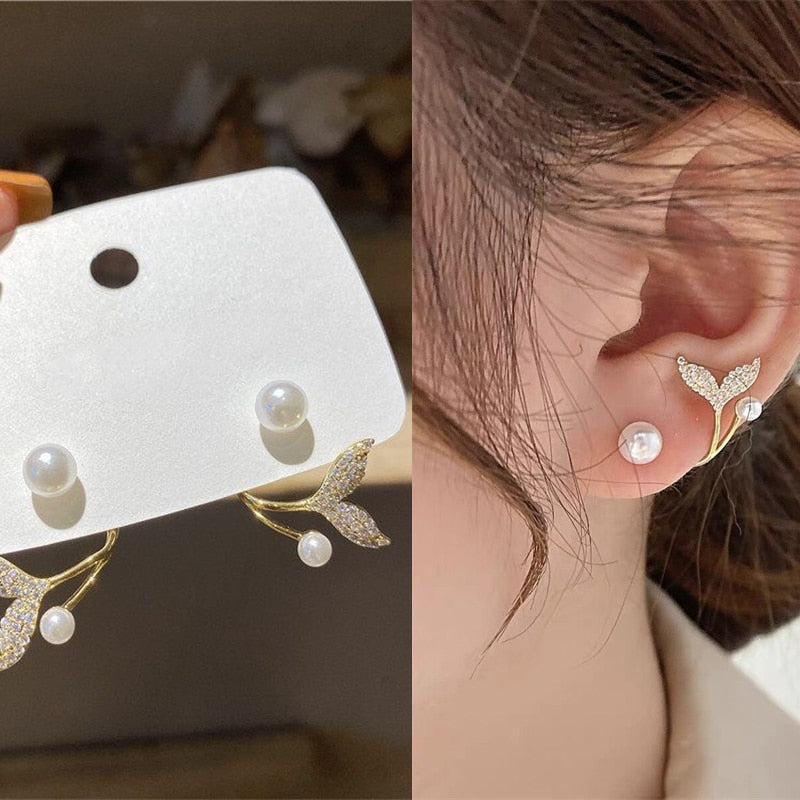 Korean Fashion Fishtail Stud Earrings For Women Jewelry Trendy Simulated Pearl Butterfly Earrings Piercing Accessories Wholesale