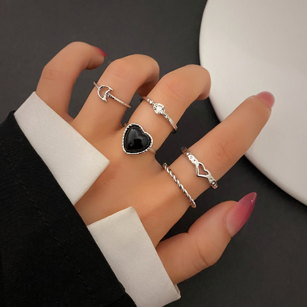 KISSWIFE Y2K Silver Color Rings Set For Women Girls Black Heart Butterfly Flower Rings Crystal Acrylic Finger Ring Trend Jewelry