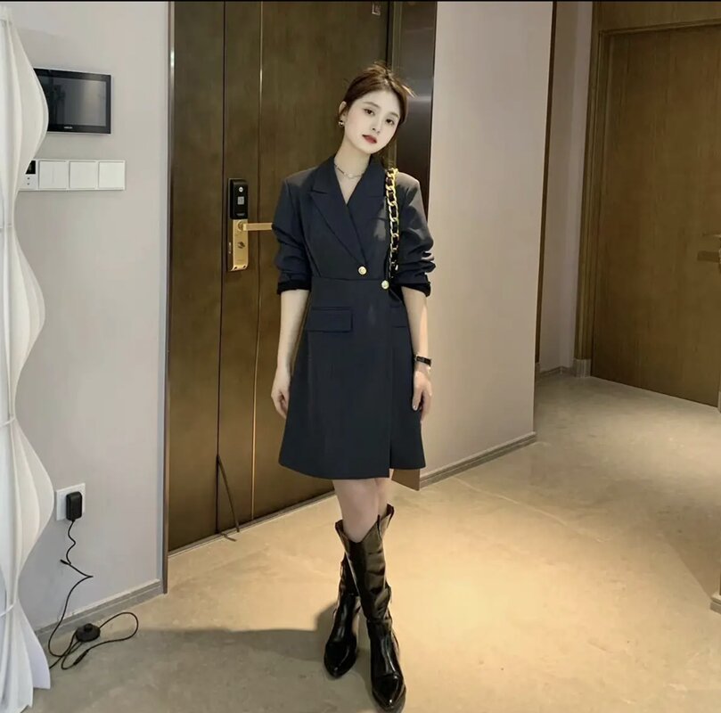 funninessgames Korean Chic Solid Short Dresses for Women  Autumn New Fashion Long Sleeve Notched Slim Office Lady A-line Female Clothing
