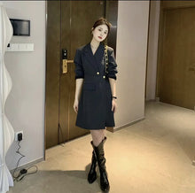 Load image into Gallery viewer, funninessgames Korean Chic Solid Short Dresses for Women  Autumn New Fashion Long Sleeve Notched Slim Office Lady A-line Female Clothing