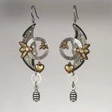 New Ancient Hollow Round Dial Moon Dangle Earrings Punk Jewelry Metal Two Tone Carved Numbers Golden Bee Heart Earrings