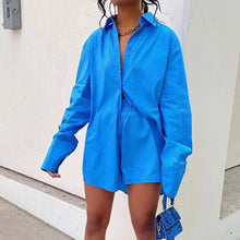 Load image into Gallery viewer, funninessgames Back To School Women Casual Tracksuit Shorts Set Summer Long Sleeve Shirt Tops And Mini Drawstring Shorts Suit Lounge Wear Two Piece Set
