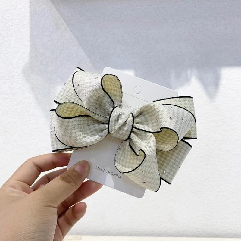 Handmade Bow Hairpin for Girl Houndstooth Plaid Hairpin Rhinestone Temperament Ponytail Clip Spring Clip Back Head Top Clip