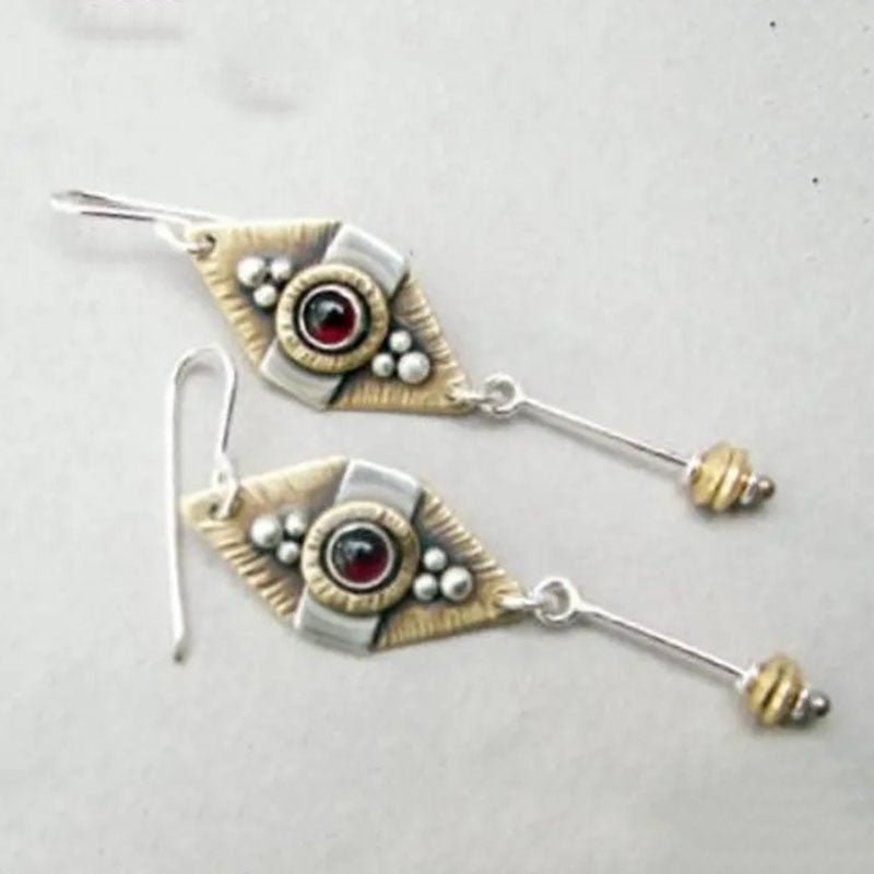 Tribal Metal Two Tone Inlaid Red Zircon Earrings Gypsy Jewelry Geometric Carved Hanging Dangle Earrings for Women