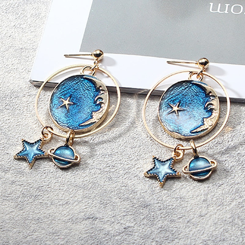Trendy Multi-element Blue Moon Star Stud Earrings S925 Inlaid AAA Rhinestones Earring for Women Feminia Romantic Eardrop Gift