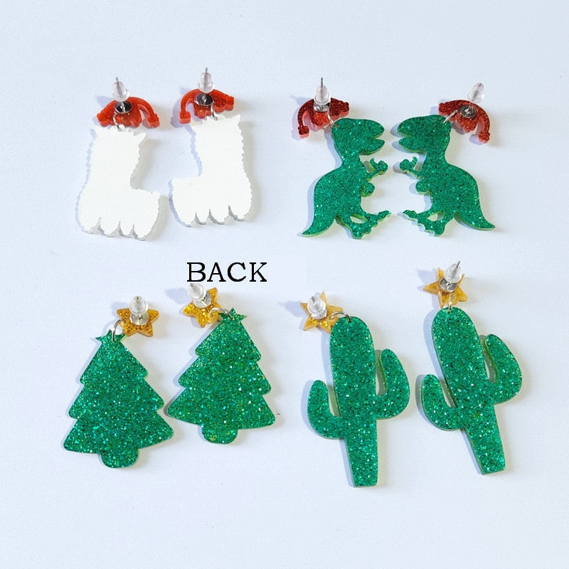 Cute Neon Lights Cactus Christmas Tree Earrings For Women Xmas Cartoon Wearing Hat Dinosaur Alpaca Sloth Acrylic Earrings Gift