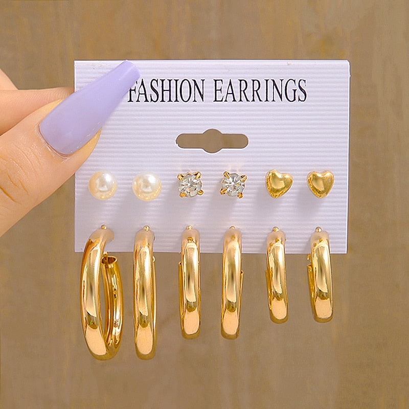 17KM Vintage Pearl Earrings Set Metal Gold Plated Dangle Earrings Heart Butterfly Hoop Earrings Geometric Fashion Jewelry Trendy
