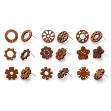 Load image into Gallery viewer, 10PCs Wood Flora Collection Ear Post Stud Earrings Findings Round Brown Flower Hollow DIY Earrings Women Party Jewelry Gifts