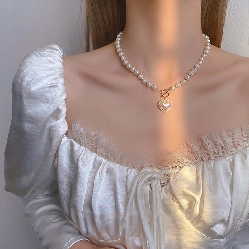 2022 New Vintage Boho Style Pearl Heart Necklace Beaded Choker Necklace Y2k Fairy Grunge Aesthetic Jewlery Gift for Girlfriend