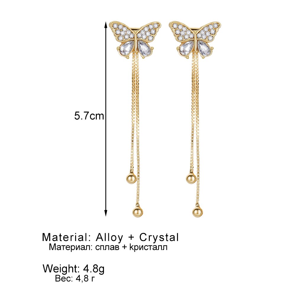 KISSWIFE 1Pair Shiny Butterfly Zircon Tassel Earrings For Women Girls Gold Color Crystal Chain Drop Earrings Wedding Jewelry New