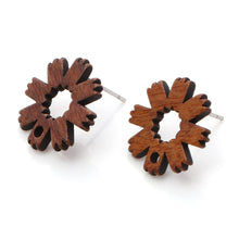 Load image into Gallery viewer, 10PCs Wood Flora Collection Ear Post Stud Earrings Findings Round Brown Flower Hollow DIY Earrings Women Party Jewelry Gifts