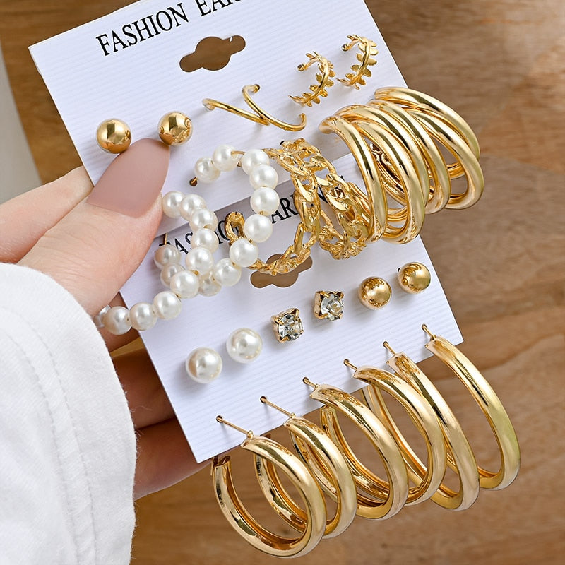 Vintage Gold Geometric Women&#39;s Earrings Set Fashion Pearl Circle Hoop Earrings For Women Brincos 2022 Trend Female Jewelry Gifts