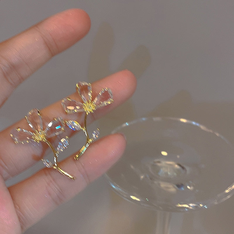 Elegant Crystal Flower Earrings For Women  2022 New Fashion Korean brincos Party Girls Temperament Jewelry