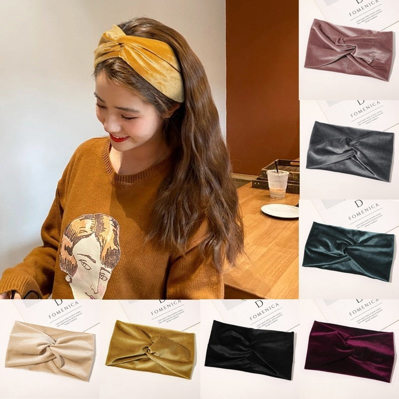 Solid Color Velvet Cross Stretch Headbands for Women Girls Wide Warm Fabric HairBands Turban Bandage Hair Accessories Headwear