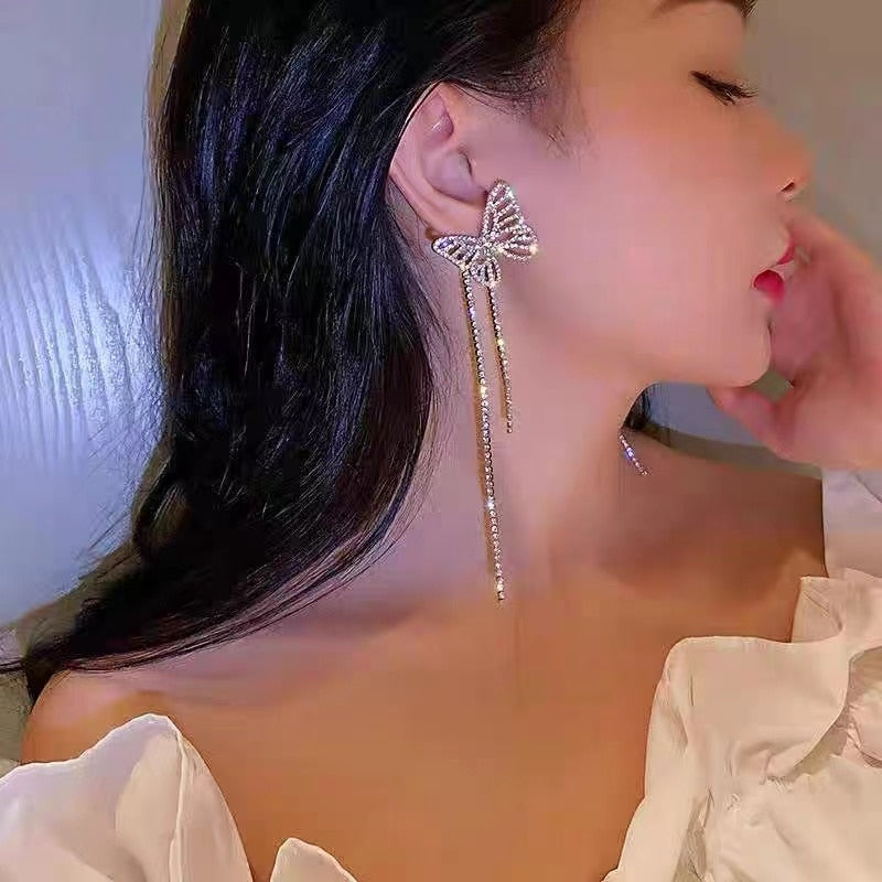Fashion Trend Unique Design Elegant Exquisite Full Diamond Hollow Butterfly Tassel Earrings Female Jewelry Party Gift Wholesale