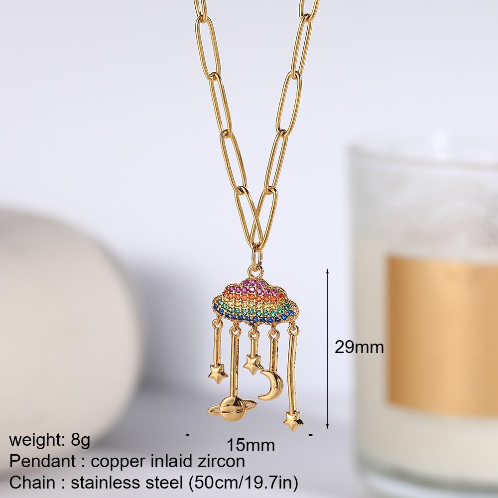 Blue Star Sun Moon Rainbow Deer Necklace for Women Long Stainless Steeel Box Chain Gold Color Pendant Collars Micro Pave Zircon