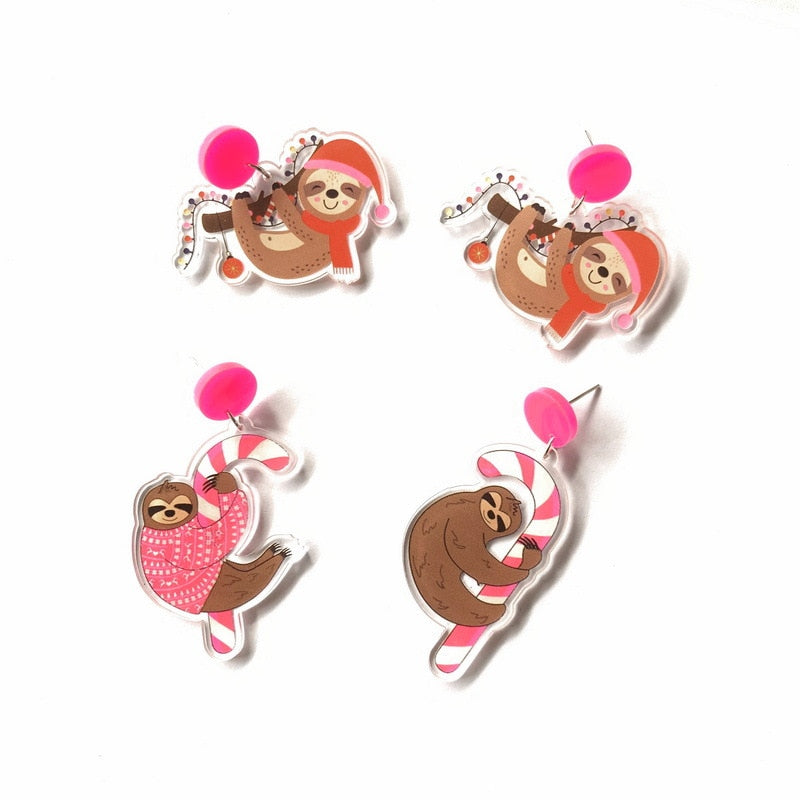 Cute Neon Lights Cactus Christmas Tree Earrings For Women Xmas Cartoon Wearing Hat Dinosaur Alpaca Sloth Acrylic Earrings Gift